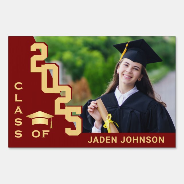Modern Golden Red Graduation Banner Photo Yard Sign (Front)