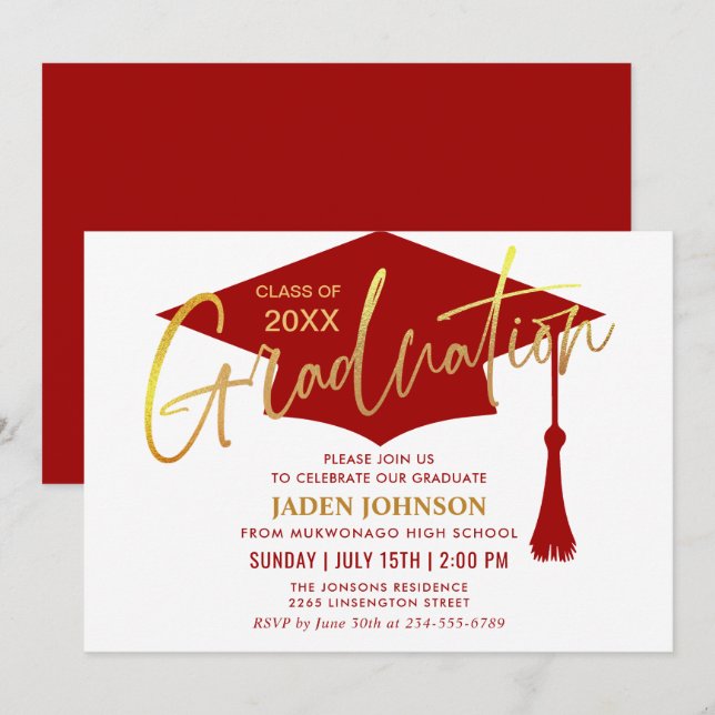 Modern Golden Red Graduation Party Invitation (Front/Back)