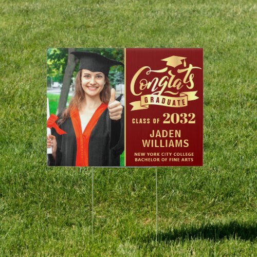 Modern Golden Red PHOTO Graduation Banner Yard Sign