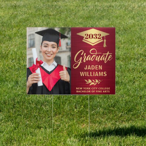 Modern Golden Red PHOTO Graduation Banner Yard Sign