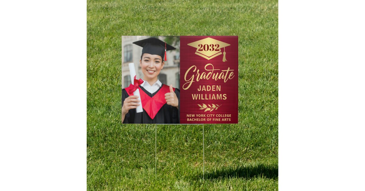 Modern Golden Red PHOTO Graduation Banner Yard Sign | Zazzle