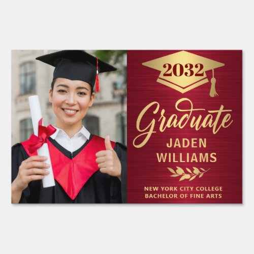 Modern Golden Red PHOTO Graduation Banner Yard Sign