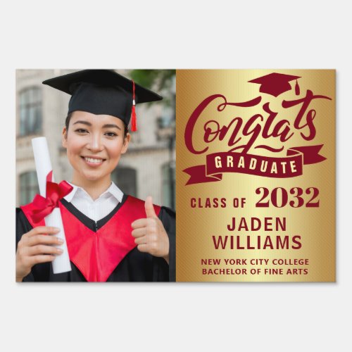 Modern Golden Red PHOTO Graduation Banner Yard Sign