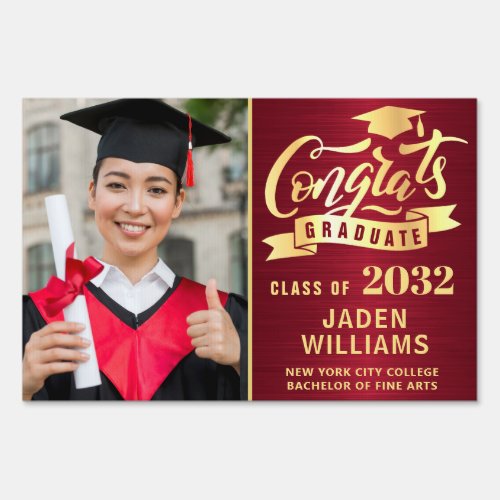 Modern Golden Red PHOTO Graduation Banner Yard Sign