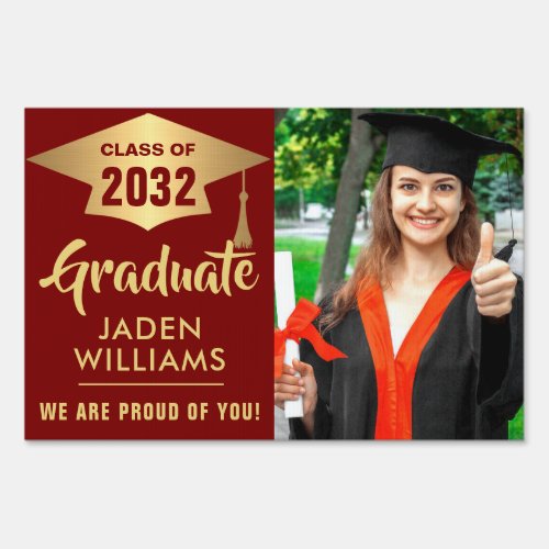 Modern Golden Red PHOTO Graduation Banner Yard Sign