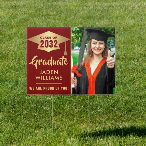 Modern Golden Red PHOTO Graduation Banner Yard Sign