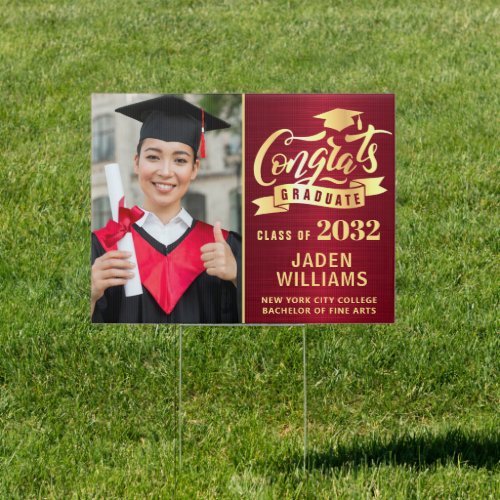 Modern Golden Red PHOTO Graduation Banner Yard Sign