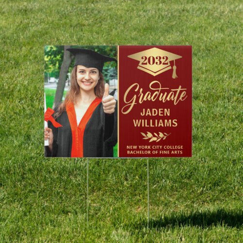 Modern Golden Red PHOTO Graduation Banner Yard Sign