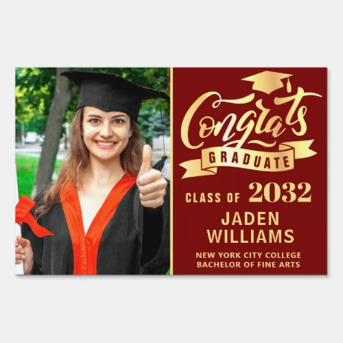 Modern Golden Red PHOTO Graduation Banner Yard Sign