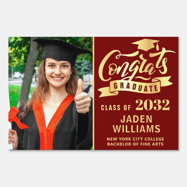 Modern Golden Red PHOTO Graduation Banner Yard Sign (Front)