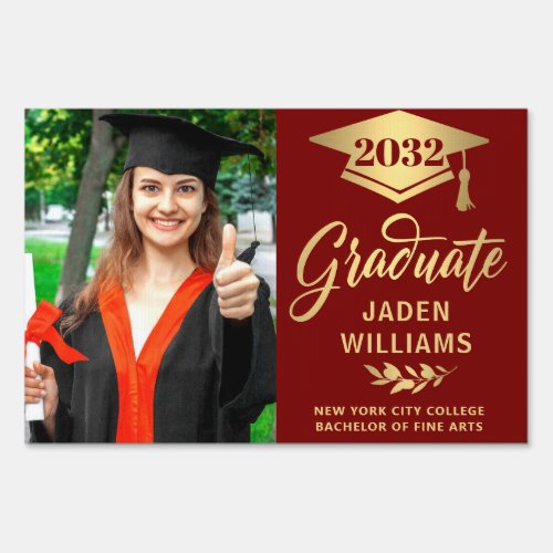 Modern Golden Red PHOTO Graduation Banner Yard Sign