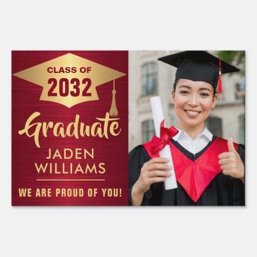 Modern Golden Red PHOTO Graduation Banner Yard Sign