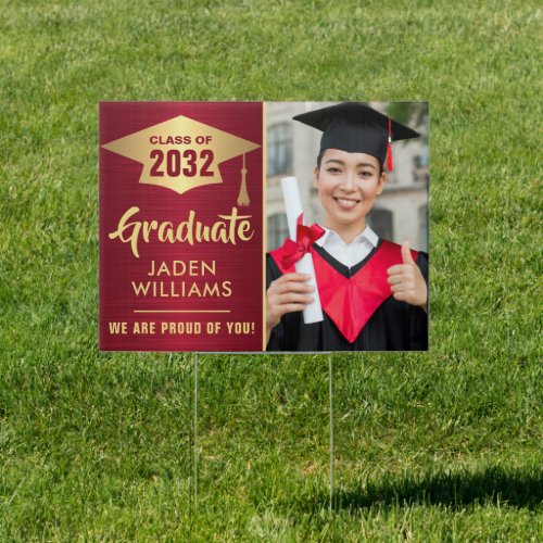 Modern Golden Red PHOTO Graduation Banner Yard Sign