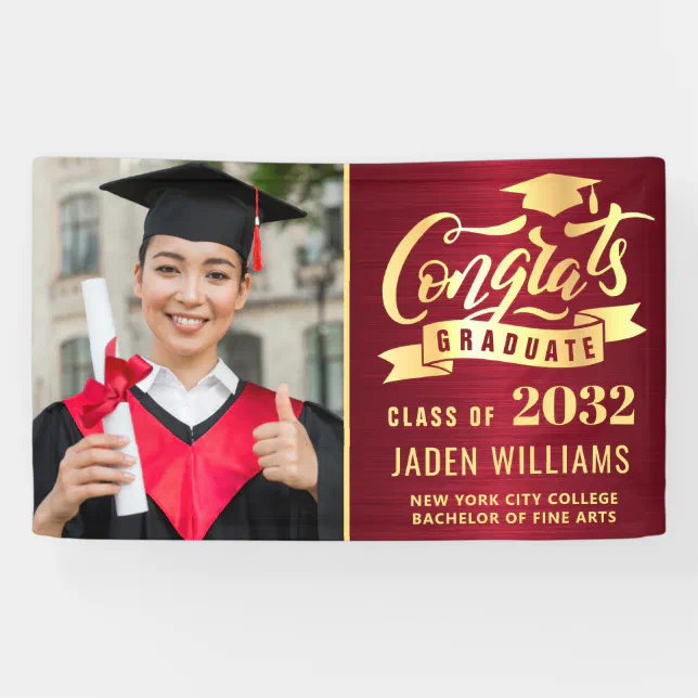 Modern Golden Red PHOTO Graduation Graduate Banner | Zazzle