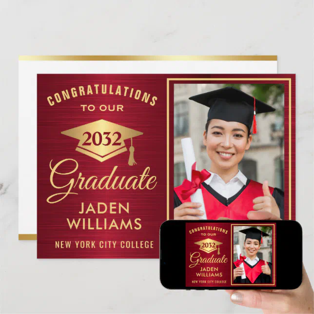 Modern Golden Red PHOTO Graduation Invitation | Zazzle