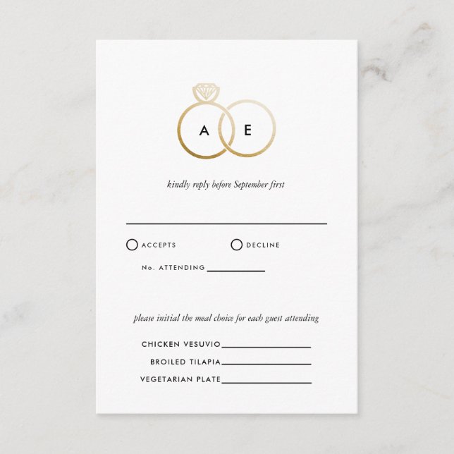 Modern Golden Rings Wedding RSVP Reply Card (Front)