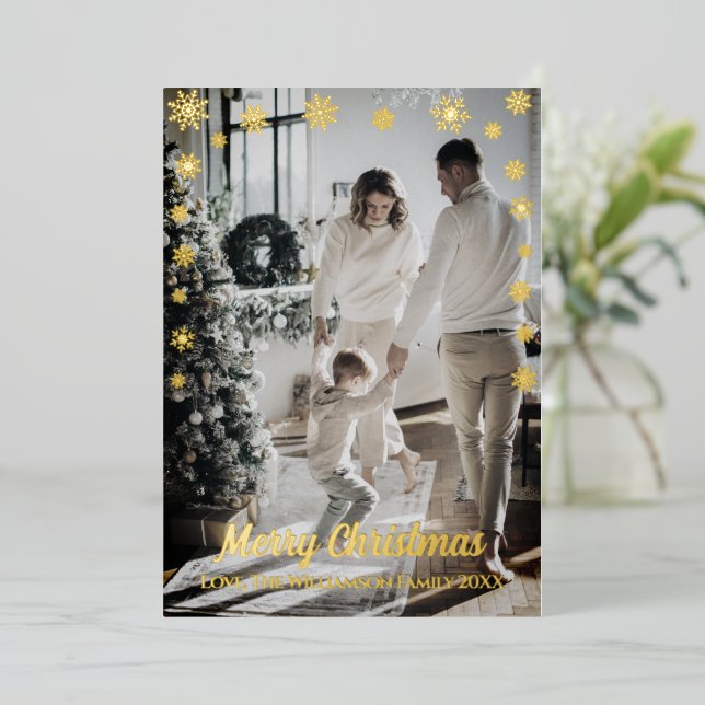 Modern Golden Snowflakes One Photo Gold Black Foil Holiday Card (Standing Front)