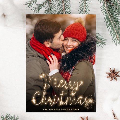 Modern Golden Sparkle Christmas PHOTO QR code Holiday Card