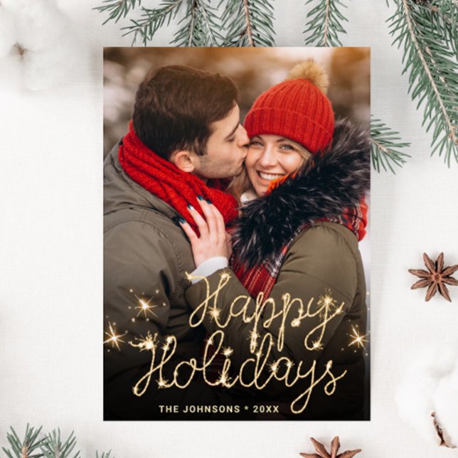 Modern Golden Sparkler Christmas PHOTO QR code Holiday Card (Creator Uploaded)