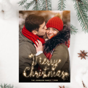 Modern Golden Sparkler Christmas PHOTO QR code Holiday Card
