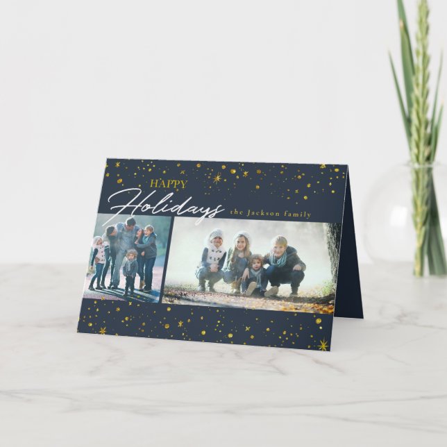 Modern golden stars on dark blue Holiday greeting Card (Front)