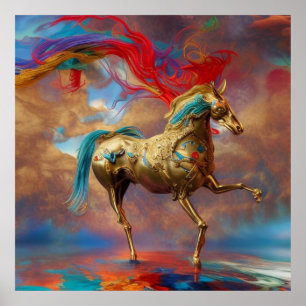 Modern Golden teal and red horse abstract Poster