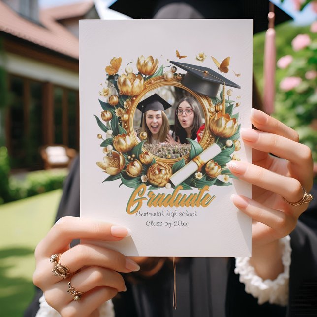 Modern Golden Tulips Border Graduation Invitations (Creator Uploaded)