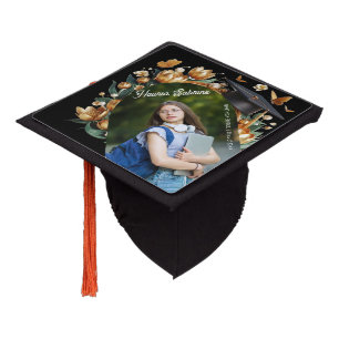 Modern Golden Tulips Floral Border Graduation  Cap Topper