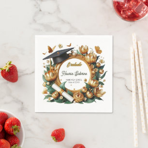 Modern Golden Tulips Floral Border Graduation Napkins