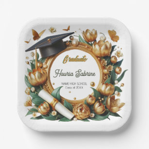 Modern Golden Tulips Floral Border Graduation Paper Plates
