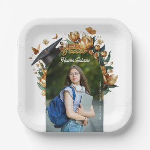 Modern Golden Tulips Floral Border Graduation Paper Plates