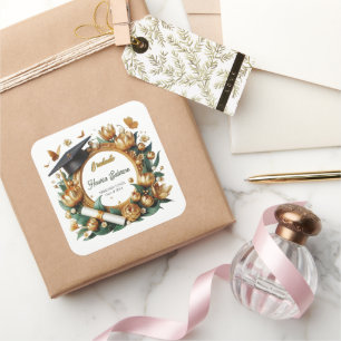 Modern Golden Tulips Floral Border Graduation Square Sticker
