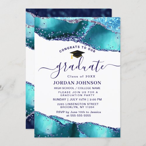 Modern Golden Turquoise Marble Graduation Party Invitation