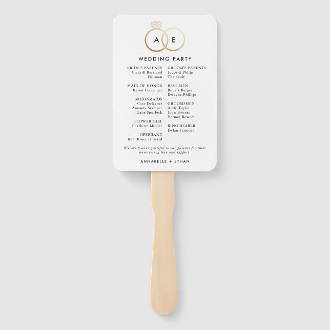 Modern Golden Wedding Rings Ceremony Program Hand Fan (Back)
