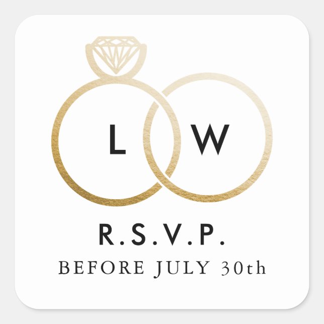 Modern Golden Wedding Rings RSVP Reply Square Sticker (Front)