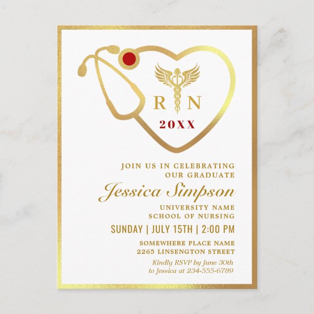 Modern Golden White Nursing Graduation Invitation  Postcard (Front)