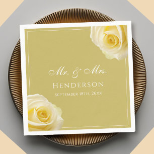 Modern Golden Yellow Rose Floral Wedding Napkins