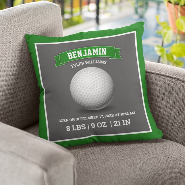 Modern Golf Ball Baby Birth Stats Throw Pillow (Creator Uploaded)