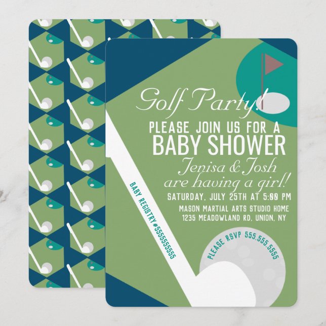 Modern Golf Ball Theme Boy Baby Shower Green Navy Invitation (Front/Back)