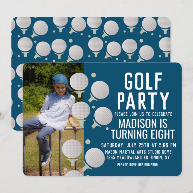 Modern Golf Balls Birthday Party Photo Invitation (Front/Back)