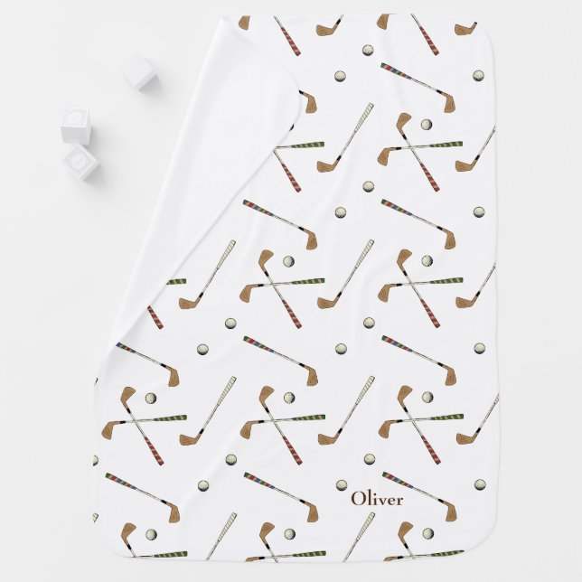Modern Golf Golfer Club Ball Pattern White Baby Blanket (In Situ)