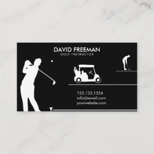 Modern Golfer & Cart Black Golf Instructor Business Card