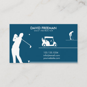 Modern Golfer & Cart Blue Golf Instructor Business Card