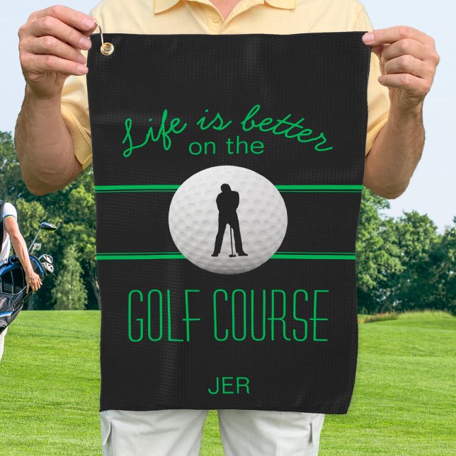 Modern Golfer Monogram Black Green  Golf Towel (Modern Golfer Pro Sports Monogrammed Black Green Golf Towel)