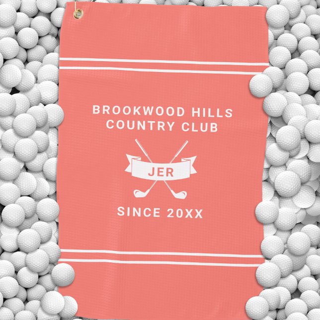 Modern Golfer Monogram Initials Golf Clubs Coral Golf Towel (Modern Golfer Monogram Initials Golf Clubs Coral Golf Towel)