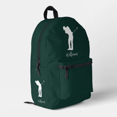 Modern Golfer Silhouette Script Monogram Green Printed Backpack