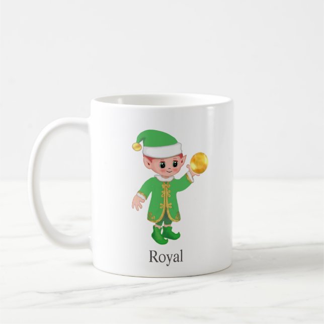 Modern Good Luck Elf with Calligraphy & Monogram Coffee Mug (Left)