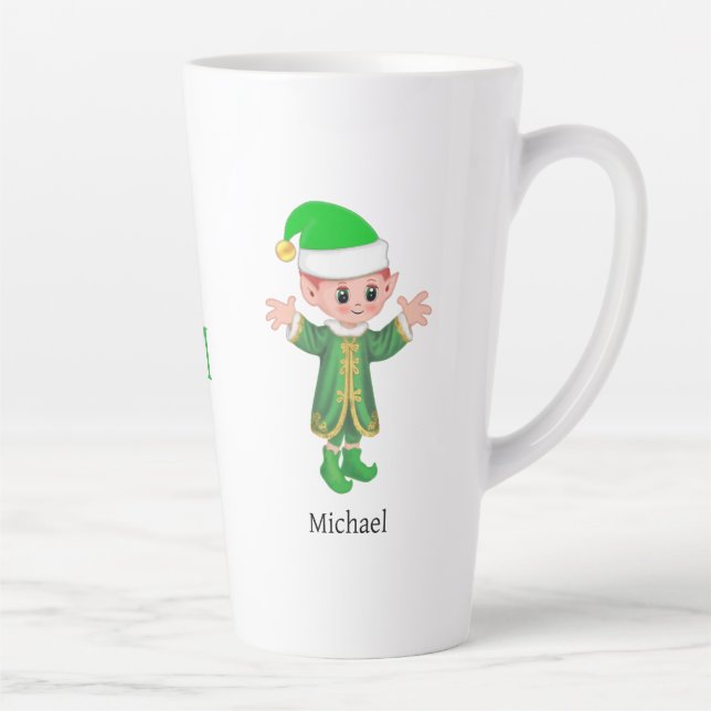 Modern Good Luck Elf with Script and Monogram Latte Mug (Right)