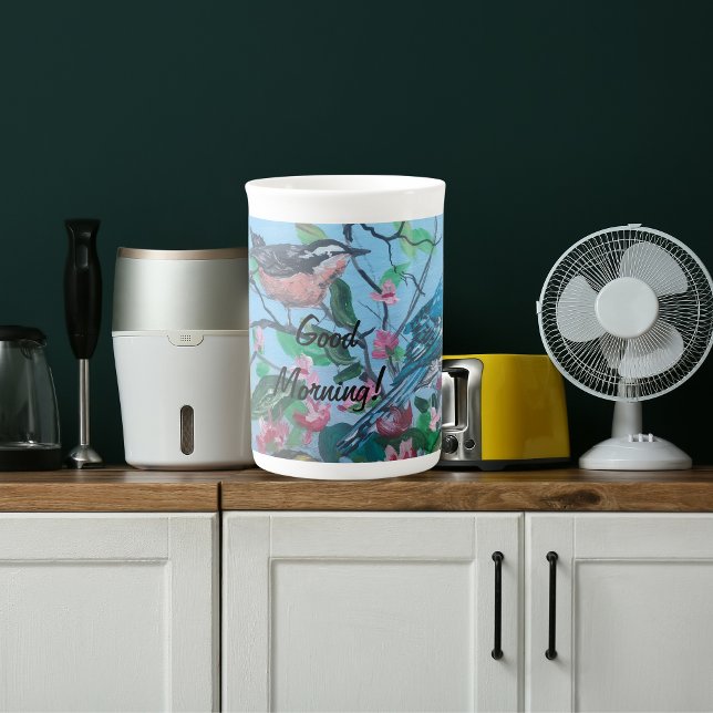 Modern 'Good Morning' Bird Art Bone China Mug (Elegant Hand Painted Print Bird Watching Good Morning Mug!)