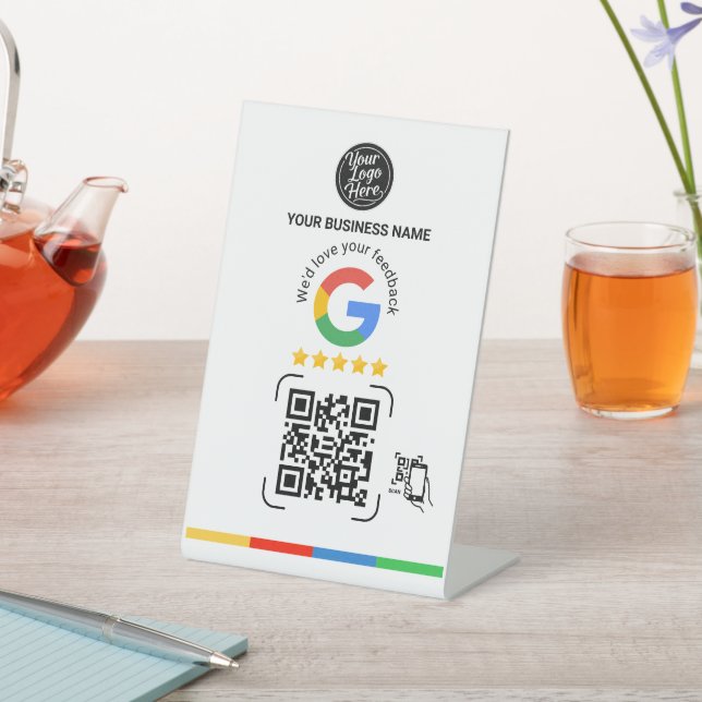 Modern Google Feedback QR Code White Pedestal Sign (In SItu)